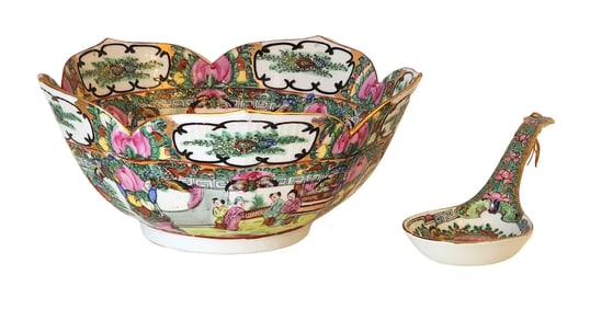 Chinese Rose Medallion Famille Rose Punch Bowl & Spoon – Marked Porcelain