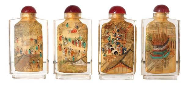 Set of 4 Chinese Reverse Painted Inside Glass Snuff Bottles – Court & Landscape Scenes