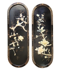 Pair of Vintage Chinese Black Lacquer Wall Panels with Mother of Pearl Inlay – Birds & Blossoms