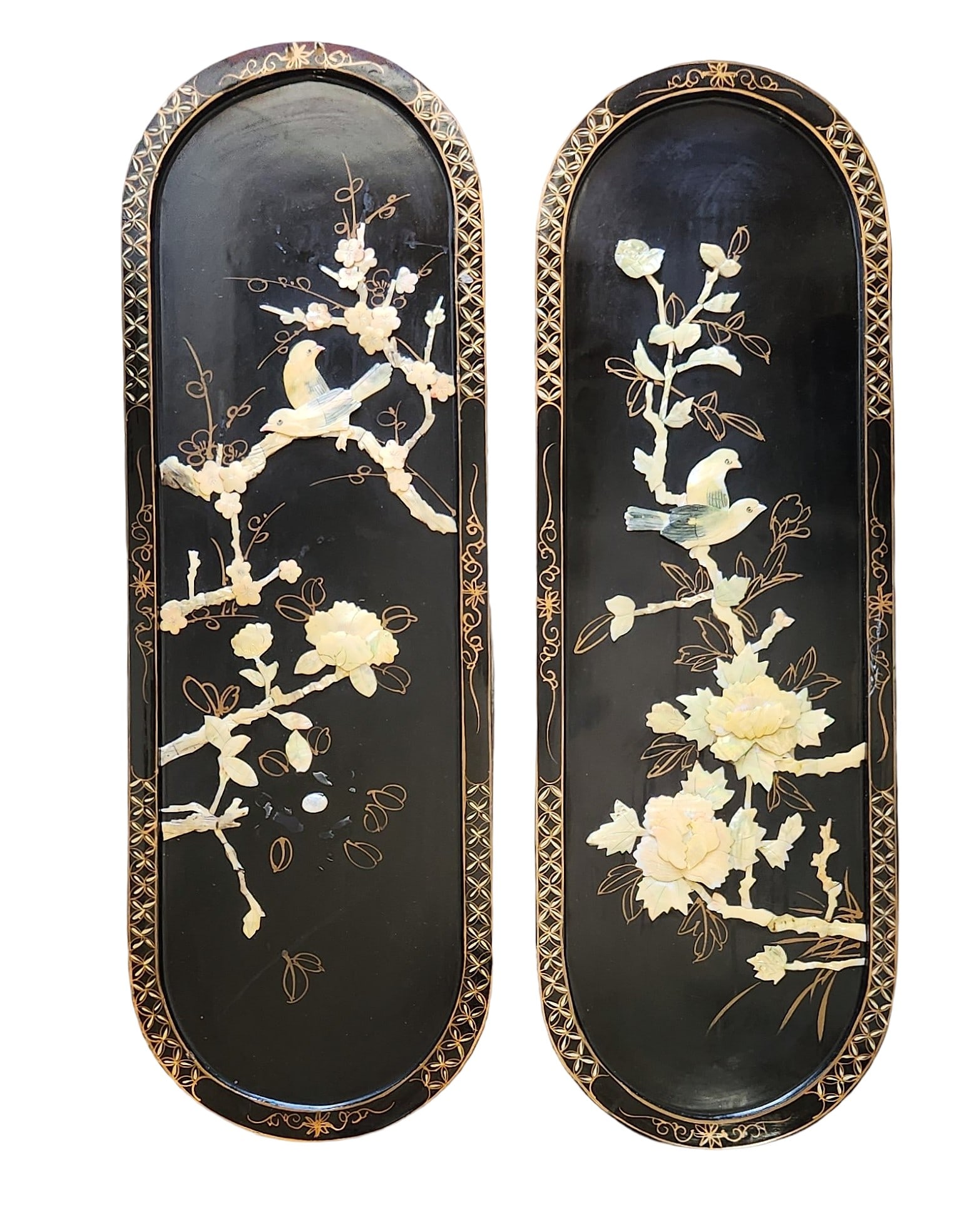 Pair of Vintage Chinese Black Lacquer Wall Panels with Mother of Pearl Inlay – Birds & Blossoms (1 of 3)