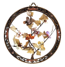 Chinese Round Carved Panel with Semi-Precious Stone Flower Inlay – Hanging Wall Art