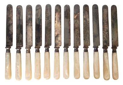 Set of 12 Antique Sterling Silver Butter Knives with Mother-of-Pearl Handles