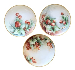 Set of 3 Antique Haviland France Hand-Painted Porcelain Plates – Fruit Motifs with Gilded Rims