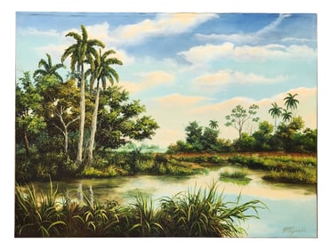 "Laguna de Roque" Tropical Landscape Oil Painting Signed Reynolds