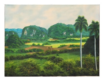 Cuban School Oil on Canvas – Lush Viñales Landscape with Royal Palms