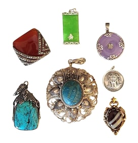Collection of 7 Vintage & Antique Pendants – Sterling, Gemstones, Enamel & Religious Motif