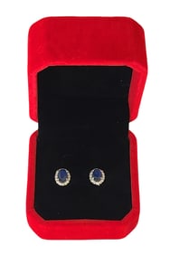 14K White Gold Blue Sapphire & Diamond Halo Stud Earrings – Oval Cut