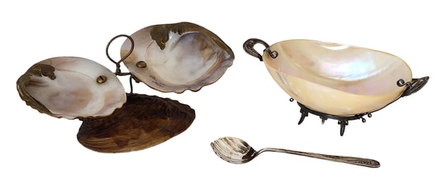 Antique Mother-of-Pearl Shell Dishes & Silver Spoon, Victorian-Style Nautical Decor (3 Pc)