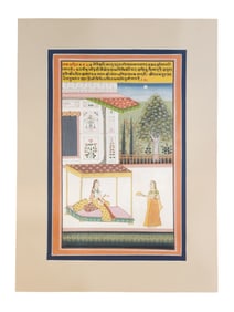 Indian Miniature Painting – Palace Scene with Royal Lady and Attendant, with Sanskrit Script