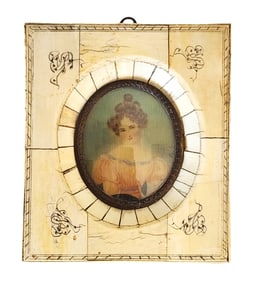 19th-Century Hand-Painted Portrait Miniature of a Lady in Decorative Inlaid Bone Frame with