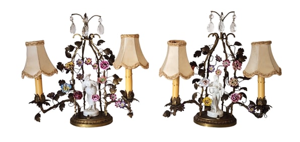 Pair of Vintage Meissen Style Porcelain Floral Lamps with Figurines and Crystal Prisms
