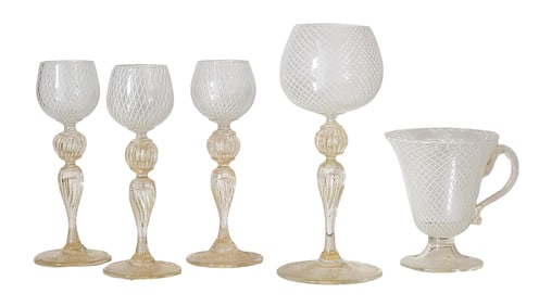 Set of 5 Italian Murano Latticino Glass Goblets & Cup with Aventurine Gold Flecks
