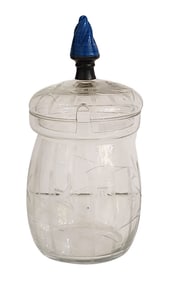 Vintage Cut Glass Jar with Etched Floral Motif and Blue Finial Lid