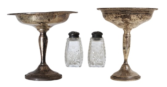 Pair of Sterling Silver Compotes with Cut Glass Salt & Pepper Shakers