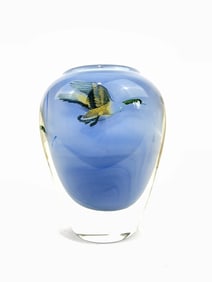 Handblown Art Glass Vase with Encased Flying Duck Motif