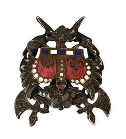 Antique Heraldic Enamel and Silver Brooch with Double-Headed Eagle Motif