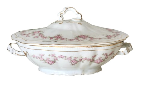 Antique Z.S. & Co. Bavaria "Orleans" Covered Porcelain Tureen with Pink Floral Garland