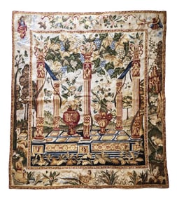 Antique French Aubusson-Style Tapestry with Architectural & Floral Motif