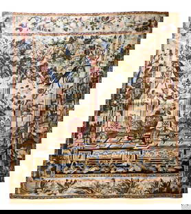 Antique French Aubusson-Style Tapestry with Architectural & Floral Motif: Magnificent antique French Aubusson-style tapestry featuring a richly detailed neoclassical architectural scene with ornate columns, urns, and a lush floral background. Intricate woven detailing inclu