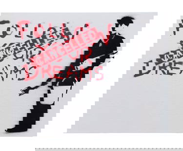 Banksy (Born 1974) England: Banksy (Born 1974) England Title:Follow Your Dreams Spray Paint on Canvas Measure 8"in H x 10"in W Known for: Graffiti art with political themes Biography: A prolific British graffiti artist, politic