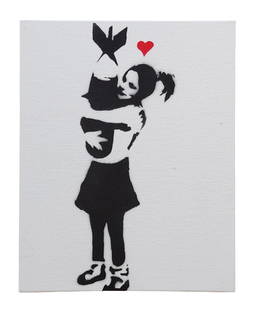 Banksy (Born 1974) England: Banksy (Born 1974) England Title: Bomb Hugger Spray Paint on Canvas Measure 8"in H x 10"in W Known for: Graffiti art with political themes Biography: A prolific British graffiti artist, political acti