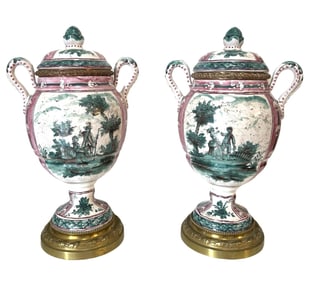 Pair of Antiques 19th Century French Hand Painted Porcelain and Bronze Vases