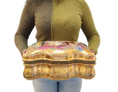 Gilt Finish Porcelain Box Signed Royal Vienna: Gilt Finish Porcelain Box Signed Royal Vienna Figural interior scene to lid and floral spray to interior Measure 6 1/2"in H x 13 1/2"in W x 8 1/4"in D