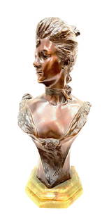 George Van der Straeten (1856-1928) Belgium: George Van der Straeten (1856-1928) Belgium Bust of Woman Bronze Sculpture Stamped: Societe Des Bronzes De Paris Measure 19"in H x 10"in W x 7"in D Known for: Art nouveau figural sculpture Name varian