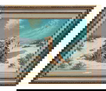 August (Curley) Lenox (1908 - 1986) American: August (Curley) Lenox (1908 - 1986) American Title: Manifest Destiny Oil on Canvas Measure 27"in H x 34"in W and 40 1/2"in H x 47"in W framed Known for: Western scene, Indian figure and ge
