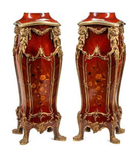Pair of Louis XV Style Gilt Bronze Mounted Marquetry Pedestals: Pair of Louis XV Style Gilt Bronze Mounted Marquetry Pedestal After the Model by Joseph-Emmanuel Zwiener Each circular top inset with marble Height 50 1/2 x width 17 x depth 17 inches.