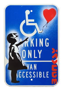 Banksy (Born 1974) England: Banksy (Born 1974) England Title: Girl with Balloon Spray Paint on Metal Measure 18"in H x 12"in W not framed Known for: Graffiti art with political themes Biography: A prolific British graf