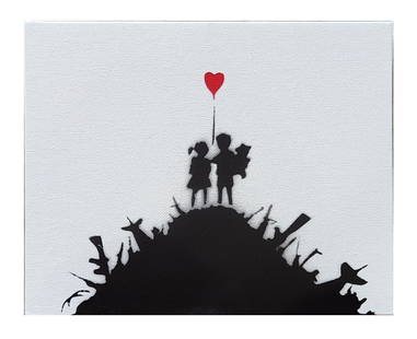 Banksy (Born 1974) England: Banksy (Born 1974) England Stencil Spray Paint on Canvasboard Measure 8"in H x 10"in W Known for: Graffiti art with political themes