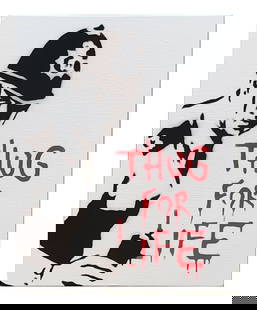 Banksy (Born 1974) England: Banksy (Born 1974) England Title: Thug For Life Impression Sur Toile Stencil Spray Paint on Canvasboard Measure 10"in H x 8"in W Known for: Graffiti art with political themes