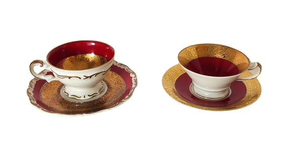 Two Wonderful AL-KA Kunst Kronach Bavaria Germany Red and Gilt Cup and Saucer, c. 1940s