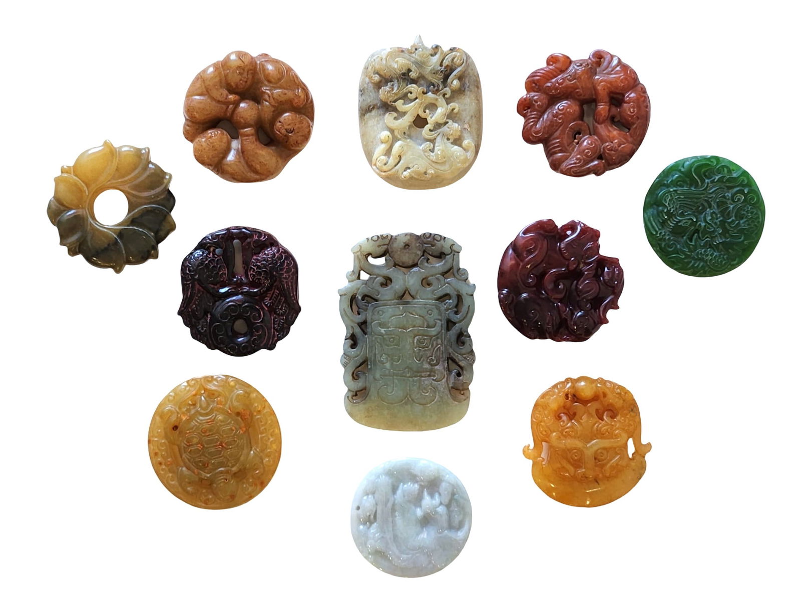 Collection of 11 Chinese Carved Jade and Hardstone Pendants – Mythical & Symbolic Motifs (1 of 2)