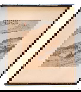 Framed Vintage Chinese Landscape Print with Calligraphy, Bamboo-Style Frame: Vintage Chinese landscape print depicting a tranquil mountainous scene with trees, terraced hills, and traditional architecture. The composition includes printed calligraphy and a red seal in the uppe