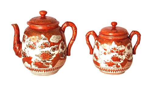 Antique Japanese Meji Kutani Porcelain Teapot and Sugar Pot