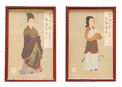 Pair of Chinese Watercolor Portraits on Silk – Figures in Traditional Robes, Framed