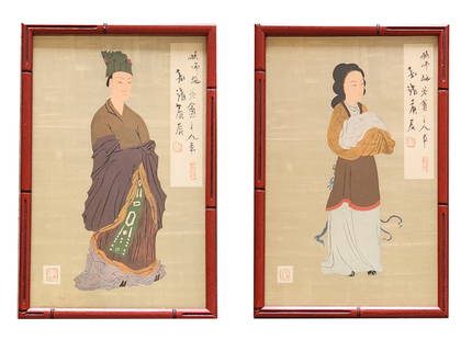 Pair of Chinese Watercolor Portraits on Silk – Figures in Traditional Robes, Framed: This elegant pair of Chinese watercolor paintings on silk features finely rendered figures dressed in traditional attire. Each artwork portrays a distinct character—one a serene male figure in layer