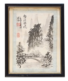 Chinese Ink Landscape Painting on Paper – Pavilion Bridge Scene with Mountains