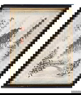 Chinese Ink Landscape Painting on Paper – Pavilion Bridge Scene with Mountains: This traditional Chinese ink painting captures a tranquil mountain landscape with striking brushwork and atmospheric depth. Executed in monochrome tones, the composition features a classic arched brid