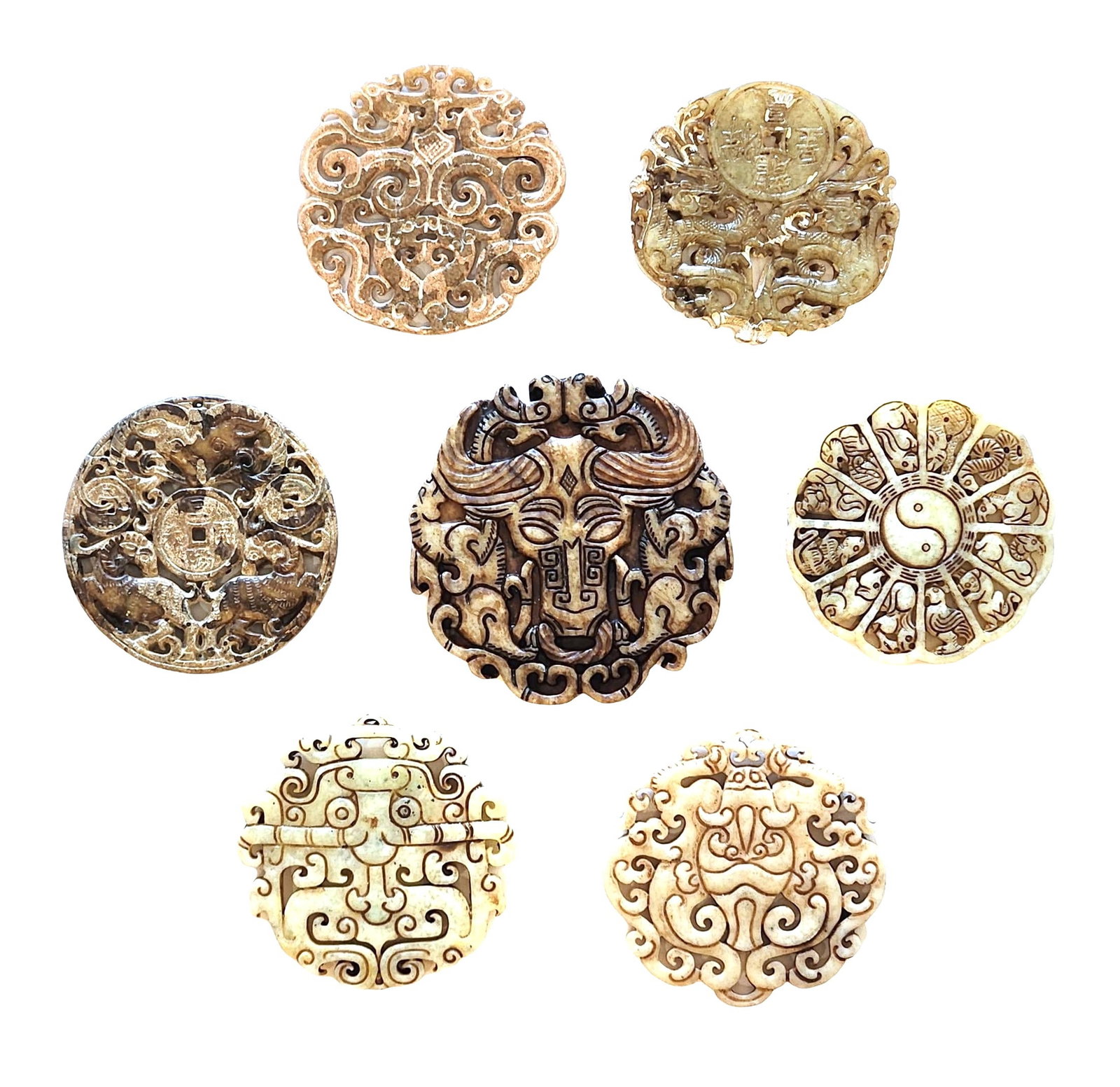 Collection of 7 Carved Chinese Jade or Hardstone Bi Discs with Mythical and Symbolic Motifs (1 of 2)