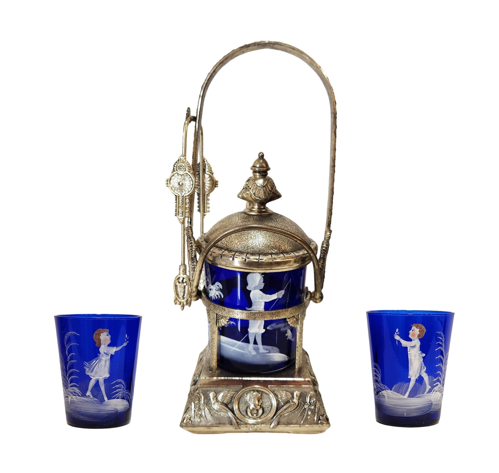 Antique Victorian Silverplate Pickle Castor Set with Cobalt Blue Mary Gregory Glass – 3 Piece (1 of 5)
