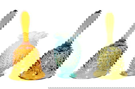 Vintage Fenton Amber Glass Bell & Hobnail Art Glass Trio: Charming trio of vintage art glass featuring classic hobnail textures and vibrant color. This set includes two hand-blown glass bells and one small hobnail vase. The amber-colored bell is signed Fento