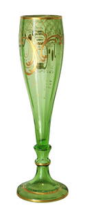 Bohemian Green Glass Vase with Gilt Decoration, 19th/20th Century: Elegant Bohemian green glass vase or goblet, likely from the late 19th to early 20th century, featuring a tapered form with hand-painted gilt scrollwork, geometric patterns, and banded accents. The vi