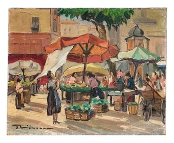 Mid-Century European Market Scene – Oil on Canvas, Signed