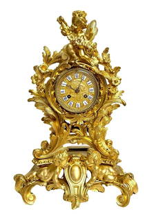 French 19th Century Louis XV Style Bronze Dore Matel Clock by Ringuet A Paris: Antique gilt bronze clock by Ringuet A Paris featuring a movement mounted in a foliage laden housing topped with a flower crowned putto hanging a garland Housing stands on a four footed base adorned w