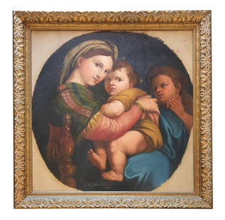 Antique 1861 Madonna and Child Oil Painting After Raphael, Illegibly Signed: A finely painted 19th-century oil on canvas featuring the Madonna and Child with the young Saint John the Baptist, in the style of Raphael’s iconic Renaissance composition. The artist demonstrates s