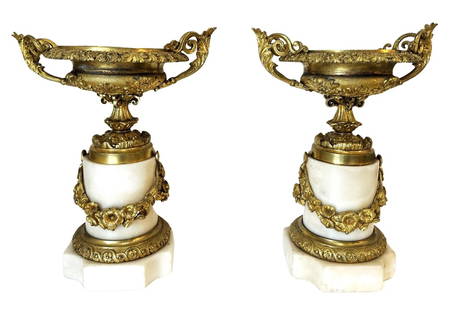 Pair of 19th Century Gilt Bronze and Marble Vases: Pair of 19th Century Gilt Bronze and Marble Vases Measure 14 1/2"in H x 6"in W x 6"in D (Bottom)