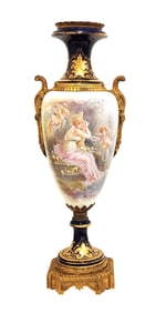 Antique Sevres-Style Porcelain and Gilt Bronze Vase with Hand-Painted Scene